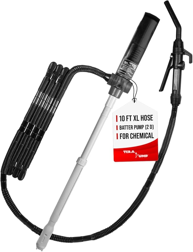 TERA PUMP Fuel Transfer Pump w/Quick Flow Control Nozzle | Telescopic Tube, Chemical Resistant, 3X Powerful D Battery Powered, 10FT Discharge Hose, 2.1 GPM