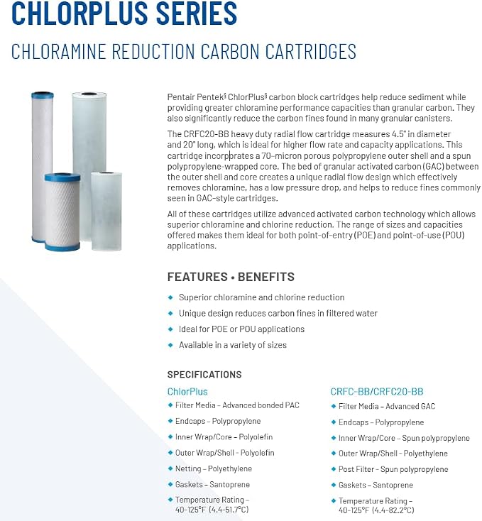 Pentair Pentek ChlorPlus Protect 10 Replacement Cartridge, 1 Micron Carbon Block, Reduces PFOA, PFOS, Chlorine and Chloramine, NSF/ANSI 53 Certified, 10-Inch Undersink, 5.13" x 12.23"