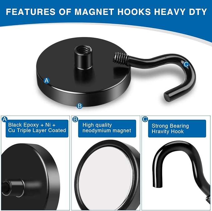 LOVIMAG Magnetic Hooks Heavy Duty, 170LBS, 12 Pack | Magnet with Hook for Cruise Cabins, Classroom, Kitchen Essentials, Door Decoration, Refrigerator, Black