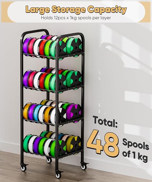 4-Tier 3D Printer Filament Storage Rack with Wheels, Rolling Spool Holder Stand Cart, Holds up to 48×1kg Spools, Heavy Duty Metal Filaments Organizer Shelf for Printing Studio Office Workshop