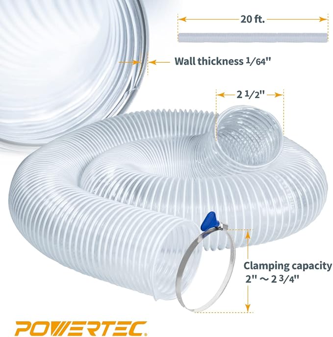 POWERTEC 2-1/2" x 20' PVC Dust Collection Hose with 2pcs Stainless Steel Key Hose Clamps for Table Saw, Band Saw, Router Table, Belt Sander, Woodworking and Wood Shop Dust Collection System (70243V)