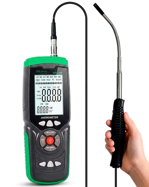 Hot Wire Anemometer AM-288 – HVAC Airflow Meter for Duct and Vent Testing, CFM/CMM Air Volume Calculation, Wind Speed & Temperature Measurement, Data Logging, USB PC Software