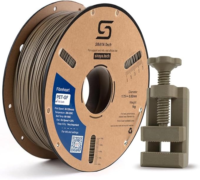 Siraya Tech Fibreheart PET-GF FDE Earth 3D Printing Filament, 1kg - 15% Glass Fiber Reinforced, Flat Dark Earth, UV Resistant, Low Moisture Absorption, High Strength for Industrial Applications