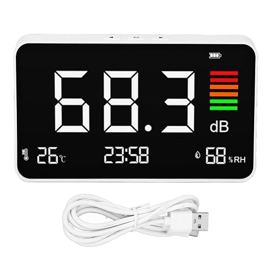 Digital Decibel Meter, 30-130dBA Desktop Digital Sound Level Meter with Temp Humidity Detection, DM219N Noise Time Temperature Humidity Meter for Classroom, Studio, Home, Factory, Library