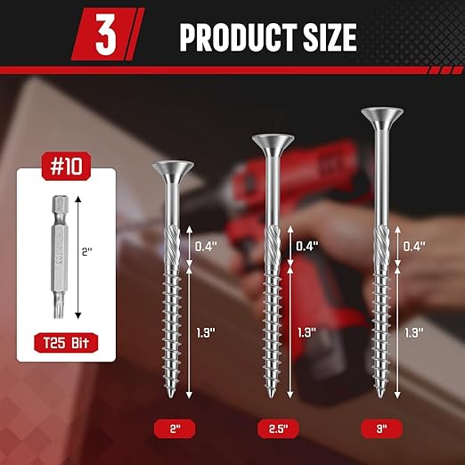 #10x3 Inch 304 Stainless Steel Deck Screws 500 PCS - Corrosion-Resistant Outdoor Wood Fasteners for Fences, Decks, Wood Project - T25 Star Drive Bit