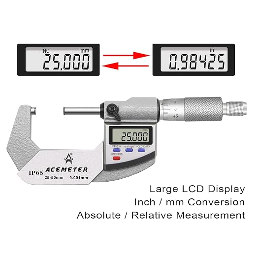 Digital Micrometer, Inch/Metric, Ratchet Stop, 1-2" (25-50mm) Range, 0.00005" (0.001mm) Resolution,Large Screen Digital Micrometer, Meets IP65 Specifications with Standard Ratchet Stop