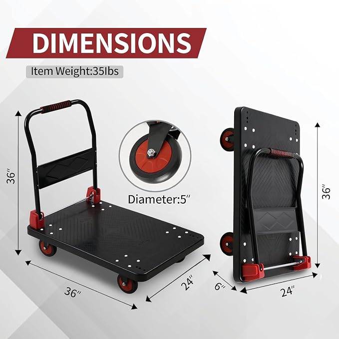 Lomive Platform Truck Push Cart Dolly, Foldable Hand Trucks with 1000LB Weight Capacity 36x24Inch Large Size for Easy Storage and 360 Degree Swivel Wheels