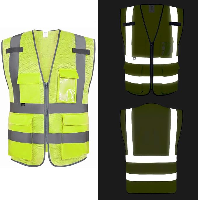 Dazonity High Visibility Mesh Safety Vest with Multi Pockets and Zipper, Fit for Men & Women, Work, Construction, Surveyor