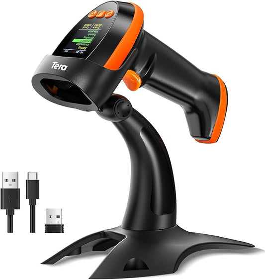 Tera Barcode Scanner Wireless 2D with Stand: Pro Version Digital Setting Screen Keypad Works with Bluetooth 2.4G Wireless USB Wired Extra Fast Scanning Speed Handheld Bar Code Reader HW0009-Z