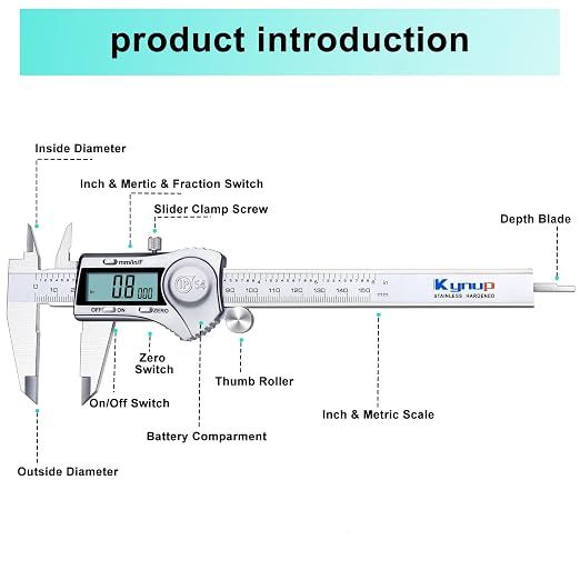 Kynup Digital Caliper 6 Inch Measuring Tool, Professional Stainless Steel Electronic Micrometer with Large LCD Screen, Vernier Caliper, Inch Metric Fraction Conversion, Auto-Off, IP54 Splash Proof