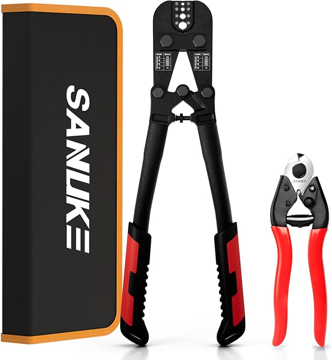 Sanuke Wire Rope Crimper Tool Kit with Steel Cable Cutter, Swagging Tool for Copper Aluminum Oval Sleeves, Double Sleeves, 4 Crimping Cavity 3/64" 1/16" 3/32" 1/8"