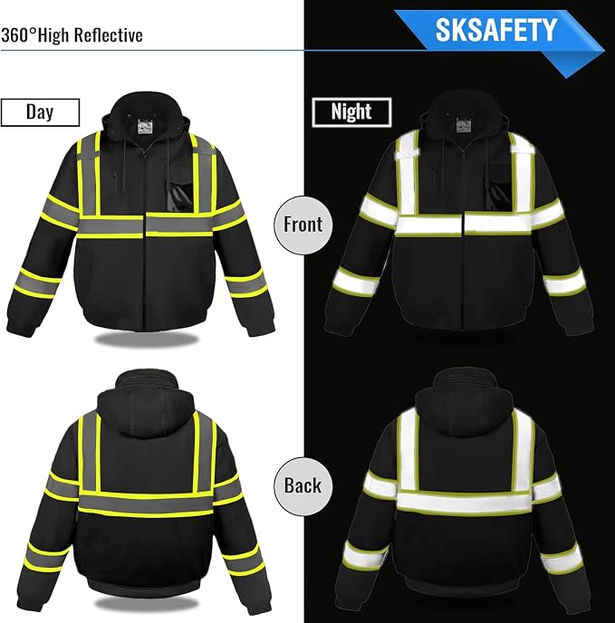 SKSAFETY High Visibility Reflective Jackets for Men, Waterproof Class 3 Safety Jacket with Pockets, Hi Vis Black Coats with Black Bottom, Mens Work Construction Coats for Cold Weather, S,Black
