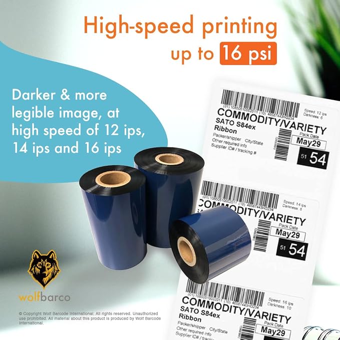 Wolfbarco 6 Rolls 1.57" x 1476' (40mm x 450m) Resin-Enhanced Wax Thermal Transfer Ribbon Black 1" Core Coated Side Out (CSO) for Zebra, ZT230, 110 Printers