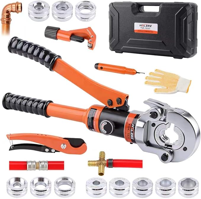 HZLZRZ Pro Press Copper 11 Dies Set with for 1/2" 3/4" 1" Copper Pipe and F877 PEX Crimper Tool Kit. ASTM F1807 PEX Copper Rings 5 Dies 3/8" to 1", Professional Tool for Plumbing Systems(YQK/1632C)