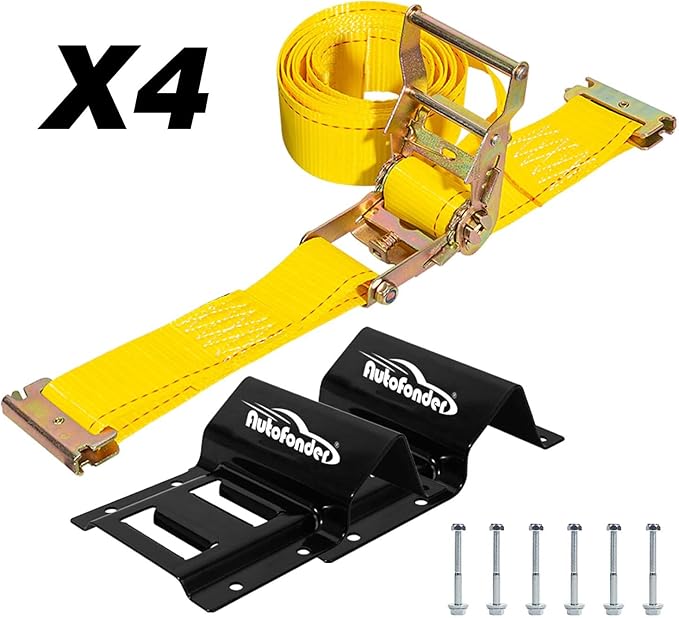 Vehicle Wheel Chock Tie Down kit 4500lb Break Strength-4 Pack 2" x9' E Track Straps-Ultimate Heavy Duty Trailer Tire Strap System for ATV,UTV,Lawn Mower | E-track ratchet straps, 8 steel chocks, bolt-on mount, ATV UTV lawn mower trailer compatible, tir...