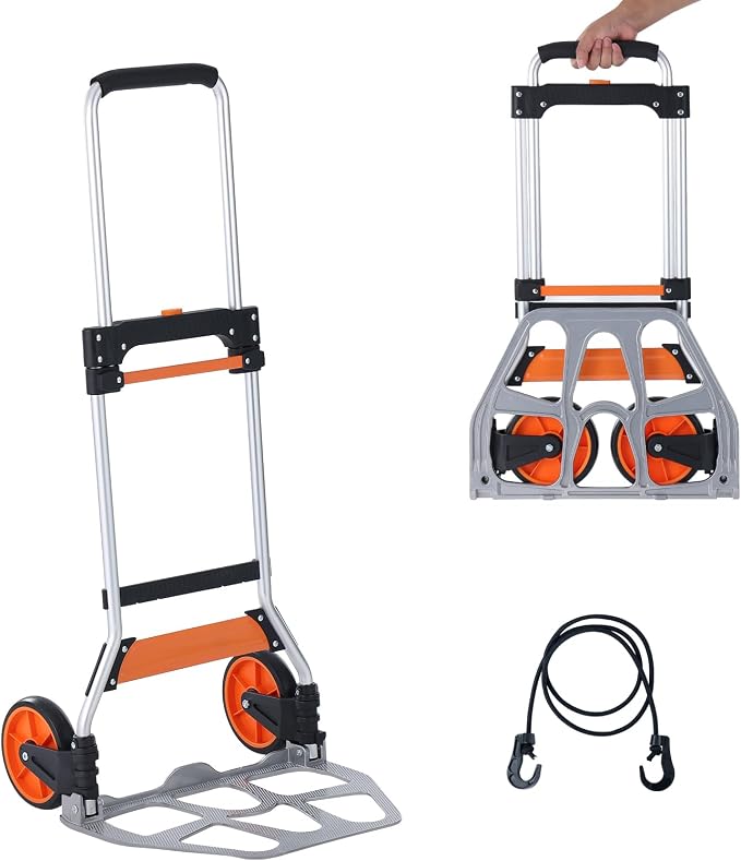 VEVOR Folding Hand Truck and Dolly, 275 Lbs Capacity, Aluminum Foldable Cart, Heavy-Duty Luggage Trolley Cart with Telescoping Handle and PP+TPR Wheels for Home, Office, Shopping, Travel