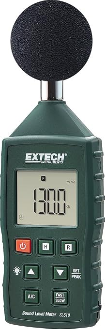 Extech SL510 Sound Level Meter | Sound 35-130 dB, +/-1dB Class 2 (IEC 61672), A/C weighting, fast/slow response, data hold, MIN/MAX, backlit
