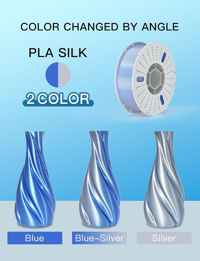 PINBALL Silk PLA 3D Printer Filament 1.75mm Shiny Silk Dual Color Filament 3D Printing PLA Filament Dimensional Accuracy +/- 0.02mm 1 KG Silk Dual Color Blue-Silver