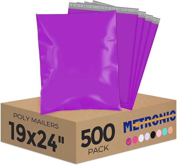 Metronic Poly Mailers 19x24 500 Pack Large Shipping Bags, Strong Adhesive Mailing Bags, Waterproof and Tear-Proof Multipurpose Envelopes for Clothing, Small Business,Boutique, Postal Bags Purple