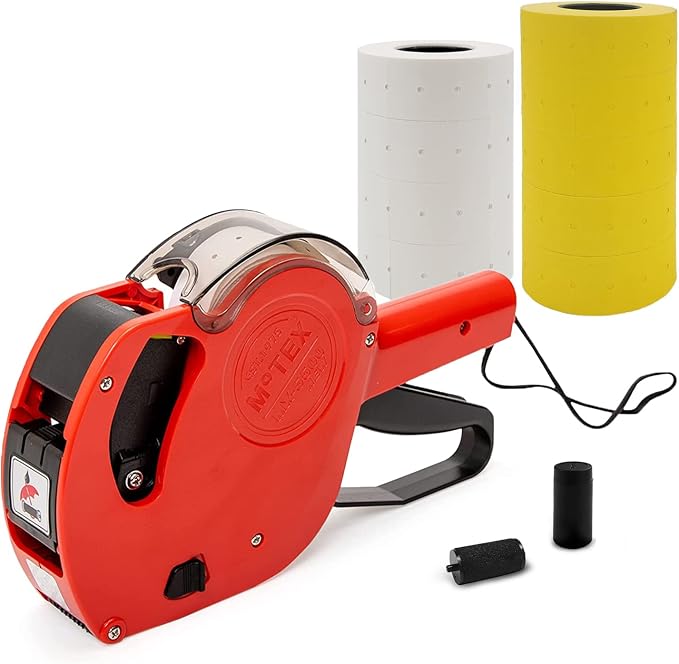 Motex Genuine MX-5500NEW 1 Line 8 Digits Price Tag Gun Kit - Includes 10,000 Blank Labels (White + Yellow) and 1 Pre-Loaded Inker with 1 Ink Refill - for Grocery Store, Retail Shop, Garage Sale