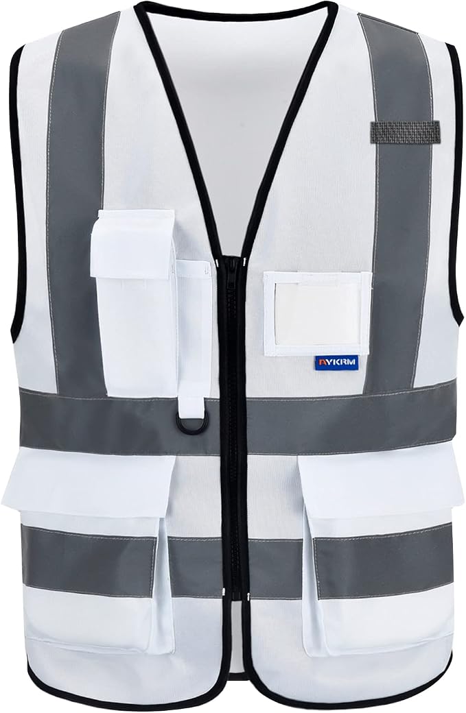 A-SAFETY Hi-Vis Safety Vest, Clear ID Holder, Front Zipper, White, 4XL-5XL | White 4XL-5XL work vest with reinforced pockets, black front zipper and clear ID holder for auditing and site management.