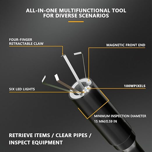 Endoscope Camera with Light and Grabber, Sewer Borescope Inspection Mirror with Magnetic Pickup, Drain Snake Scope for Automotive Repair & Pipe Cleaning, IP67 Waterproof, 6 LED, 19.7-Inch