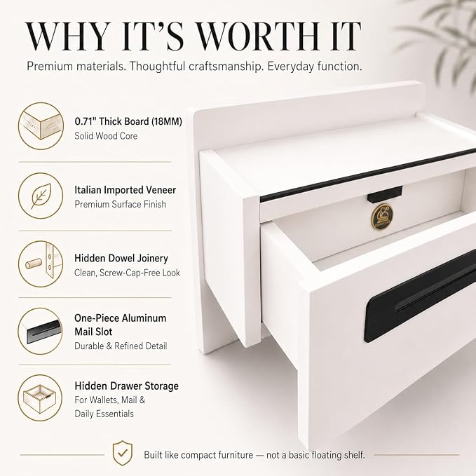 Floating Shelf with Drawer & Hooks, Entryway Organizer with Sensor Light | Italian Wood Veneer, Hidden Drawer, 4 Matte Black Hooks & Warm Sensor Light for Mail, Keys, Wallets, Coats & Daily Essentials