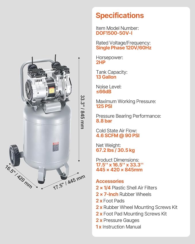 VEVOR 13-Gallon Air Compressor, 2HP, 4.6 SCFM@90PSI, Oil-Free Tank, 66dB Quiet Operation, Ideal for Tire Inflation, Woodworking, Auto Repairs, and Spray Painting (Maximum Pressure 125 PSI)