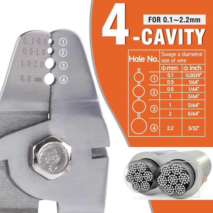 Up to 2.2mm Wire Rope Crimping Tool with 180 Pcs Sleeves & 10 Pcs Stainless Steel Thimbles Kit, 3 Sizes Aluminum Double Barrel Ferrule, Swaging Tool for Fishing Lines with Cutting Function