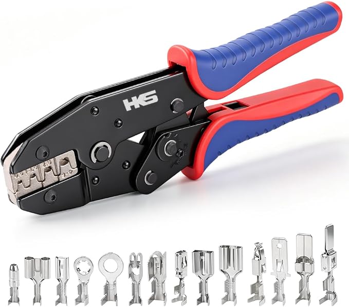 HKS Crimping Tool For Non-Insulated Open Barrel Terminals & Receptacles - Ratcheting Wire Crimpers - AWG 20-10 (0.5-6mm²) U-Shaped- Ratchet Terminal Crimper - Electrical Crimping Tool