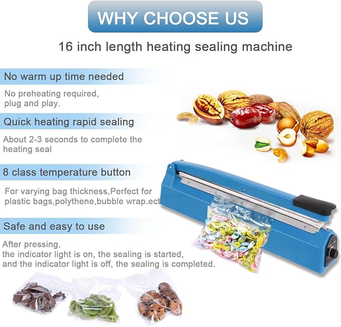 16 Inch Impulse Heat Sealer Machine for Plastic Bags PE PP Bags and Kraft Paper Bag, Cookie Bag Sealer, Manual Poly Bag Hot Seal Sealing Machine with Extra Replace Element Grip