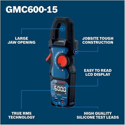 BOSCH GMC600-15 True RMS Clamp Meter, 600A AC DC Electrical Tester, Digital Voltage Detector and 200A Amp Clamp for HVAC and Electrician