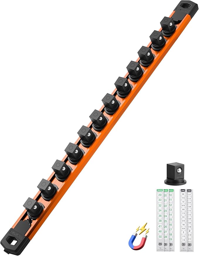 ALOANES Magnetic Socket Organizer Set, 1/2-Inch Drive Heavy Duty Aluminum Socket Rail Organizer, 360° Swivel Clips Socket Holder Kit for Toolbox Drawer Fit 1/2-Inch x 12 Clips (Orange, 1PC)