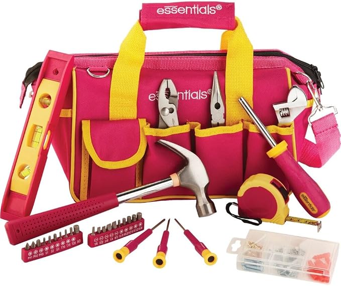 Pink Tool Set 32 Piece, Mini Tool Kit, Home Repair Tool Set with Hammer, Pliers, Adjustable Wrench, Screwdrivers, Tape Measure, Level, and Bits, Dorm Room Essentials for Girls