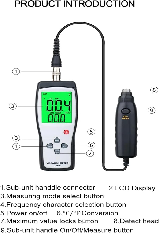 AS63B Portable LCD Vibration Analyzer Tester Meter Vibrometer Gauge Tester Analyzer 0.1-199.9m/s Vibration Tester Analyzer | Measures Acceleration Velocity and Displacement for Bearing Motor Pump Fan Compressor Machinery Condition Monitoring