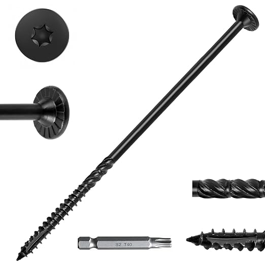 FMhotu 100Pcs Black Star Drive Wood Screws 12 inch - Rust Resistant Timber Deck Screws for Landscaping, Log & Timber Wood - Heavy-Duty Outdoor Fasteners (5/16"x12" Black