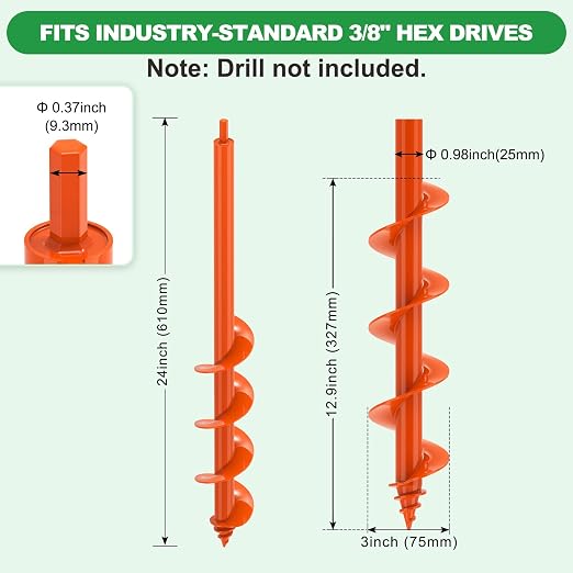 SELEWARE Auger Drill Bit for Planting 3"x24" Drill Auger for 3/8" Hex Drive | Orange Heavy-Duty Steel Garden Auger Drill Bit, Bulb Planter Tool, Auger Post Hole Digger for Bulbs, Flowers, Fence Posts
