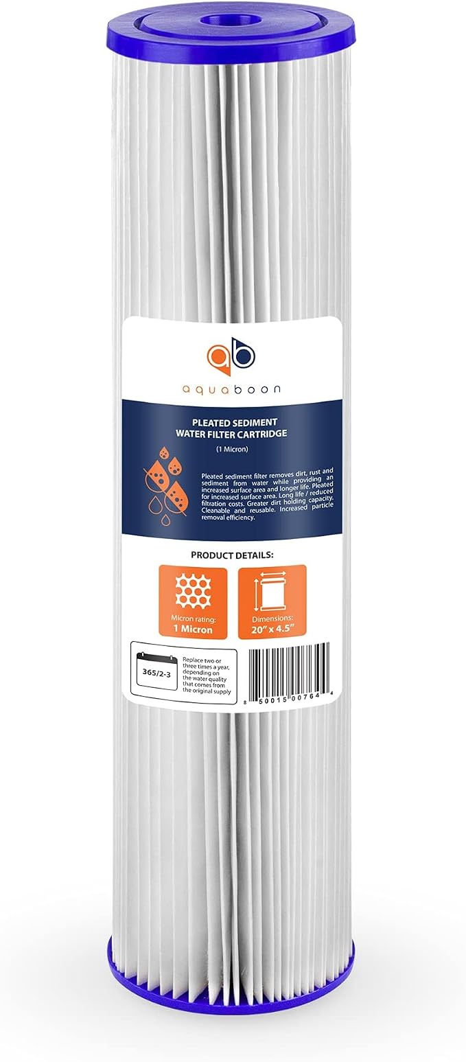 Aquaboon 1 Micron Whole House Pleated Sediment Water Filter Cartridge 20x4.5 Well Filter Replacement Compatible with ECP5-20BB, SPC-45-1005, 4 Pack