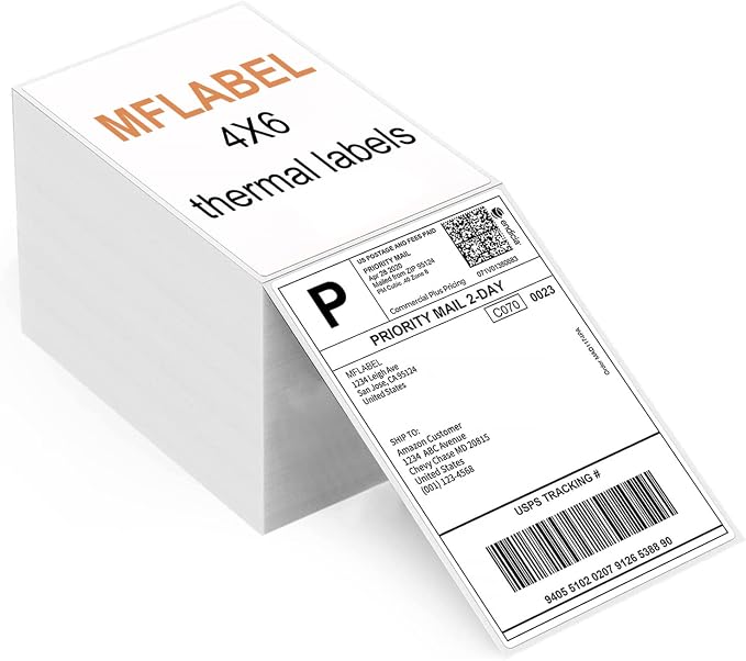 MFLABEL 4x6 Direct Thermal Labels (1000 Labels) 4" x 6" Perforated Shipping Labels Compatible with Zebra Printers Fanfold Thermal Label Stickers for Shipping Packages - 1 Stacks White Labels