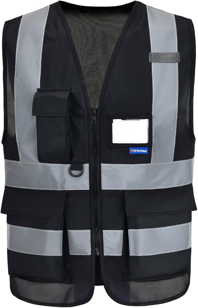 A-SAFETY 4XL 5XL black safety vest | Black 4XL-5XL work vest with clear ID pocket, radio mic loop and reflective strips for warehouse work; for men and women.