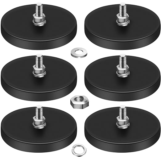DIYMAG 6Pcs Rubber Coated Magnets, 2.6 Inch Adhesive Power 65LBS Anti-Scratch Neodymium Magnet Base with M6 Threaded Studs and Nuts, Strong Magnets Hold for Light Bar, Mirror, Camera, PTZ