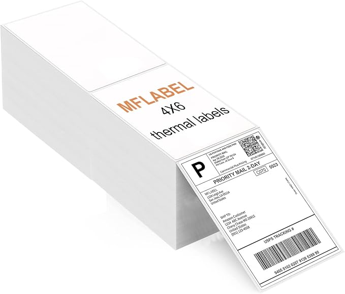 MFLABEL 4x6 Direct Thermal Labels (8000 Labels) 4" x 6" Perforated Shipping Labels Compatible with Zebra Printers Fanfold Thermal Label Stickers for Shipping Packages - 4 Stacks White Labels