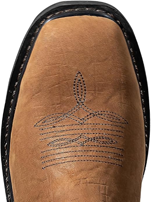 Men's Cowboy Work Boots, Square Steel Toe EVA Mid-Sole with GoodyearWelt Leather Anti Slip Western Men's Brown Boots for Manufacturing, Construction, Farming, Size 7-14