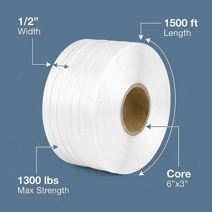QWORK 1/2" x 1500' Woven Cord Strapping Roll, Heavy Duty Polyethylene Braided Rope Strap Roll, 1300 lb Strong Break Strength 6" x 3" Core, Strength and Flexibility Poly Cord Strapping, White
