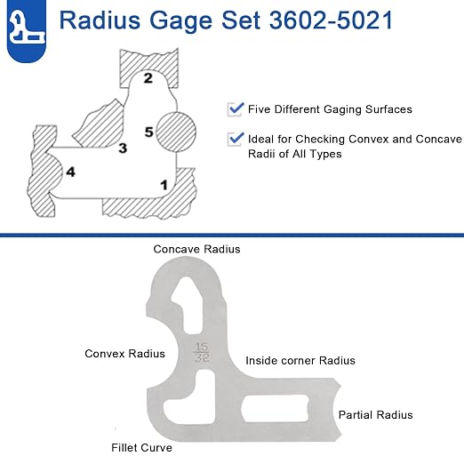 25-Piece Radius Gage Set 1/64''-1/2'' Gauges with Holder, 3602-5021 Radius Gauge Set