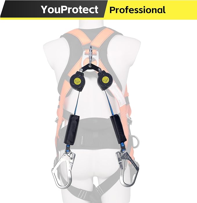 6 FT Dual Leg Self-Retracting Lifeline Web Lanyard Retractable, 2.36 inch Gate Opening Twin Steel Locking Hooks, Double Yoyo, Shock Absorber | Fall Protection OSHA & ANSI Compliant SRL