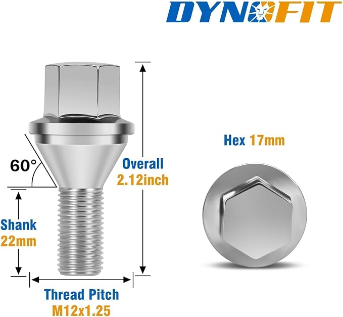 Dynofit 12x1.25 Renegade Lug Bolts, Compatible with Jeep Dodge Hornet Fiat 5 Lug Rim,17mm Hex 22mm Shank Small Wheel Bolts, 20pcs OE Style Aftarmarket Studs (One-piece Design replacement Swollen Bolt)