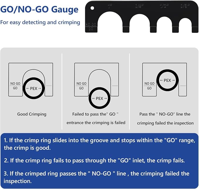PEX Crimping Tool Set Interchangeable Jaw with 4 Sizes - 1", 1/2", 3/4", 3/8" for Copper Crimp Rings, Includes Go/No-Go Gauge, Complies with ASTM F1807 Standard