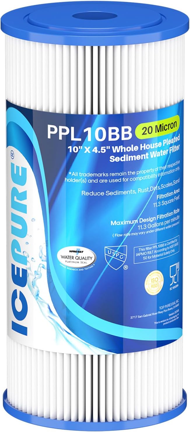 ICEPURE 20 Micron 10" x 4.5" Whole House Extra Coarse Pleated Sediment Filter for Well Water, Replacement Cartridge for GE FXHSC, DuPont WFHDC3001, R50-BB, Culligan R50-BBSA, W50PEHD, 1Pack