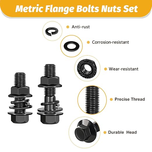 Kadrick Metric Flange Bolt Assortment Kit，700Pcs M6 M8 M10 Bolt Kit,M6-1.0 M8-1.25 M10-1.25 (12mm to 45mm) Hex Bolts Nuts and Washers Kit,Black Zinc Plated